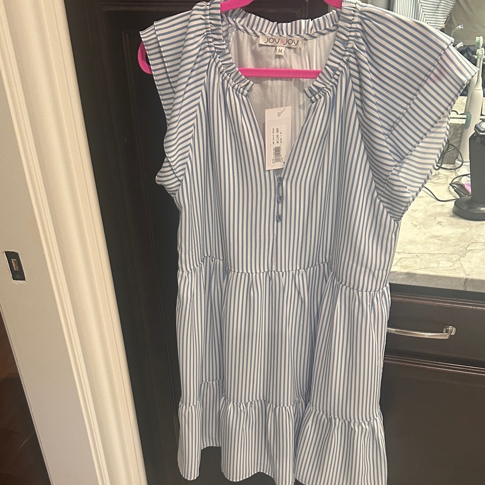 Joy Joy Blue and White Striped Tiered Casual Dress